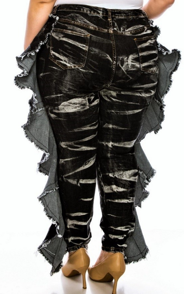 High Rise Black Heavy Washed Denim Jeans w/  Ruffled Sides - The Fashion Unicorn