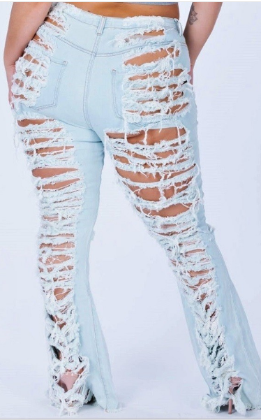 High Rise Light Denim Flare Jeans w/Distressed Back - The Fashion Unicorn