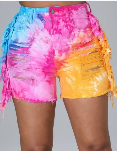 High Rise Tie Dye Rainbow Fringe Jean Shorts - The Fashion Unicorn