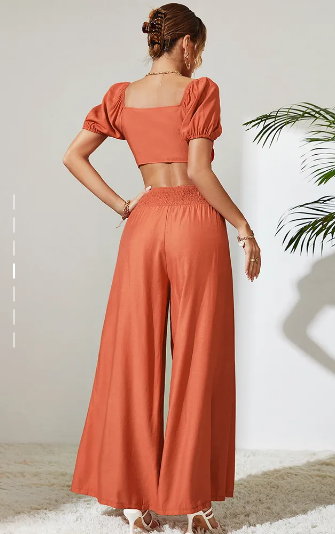 Women's Solid Color Tie Front Crop Top With Matching Wide Let Pants Set - The Fashion Unicorn