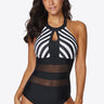Striped Cutout Spliced Mesh Halter Neck One-Piece Swimsuit - The Fashion Unicorn