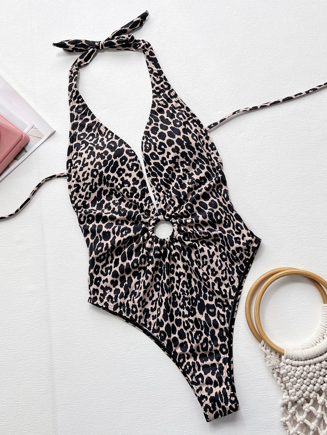 Leopard Halter Neck Ring Detail One-Piece Swimsuit - The Fashion Unicorn