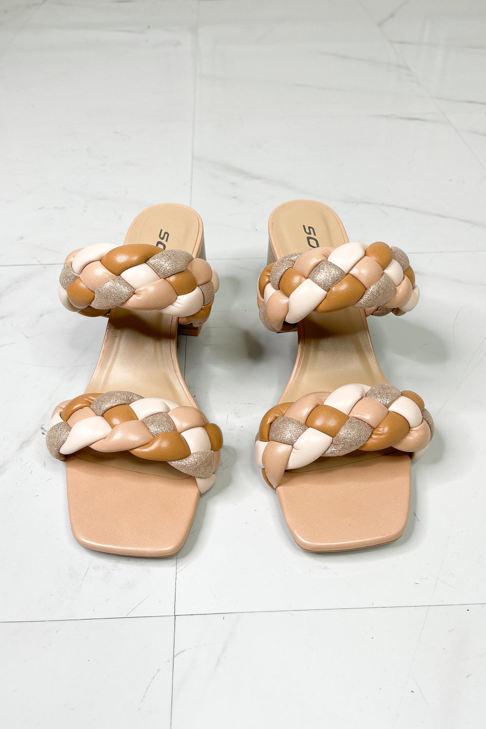 SODA Interwoven Ideas Braided Strap Block Heel Slide Sandal in Nude - The Fashion Unicorn