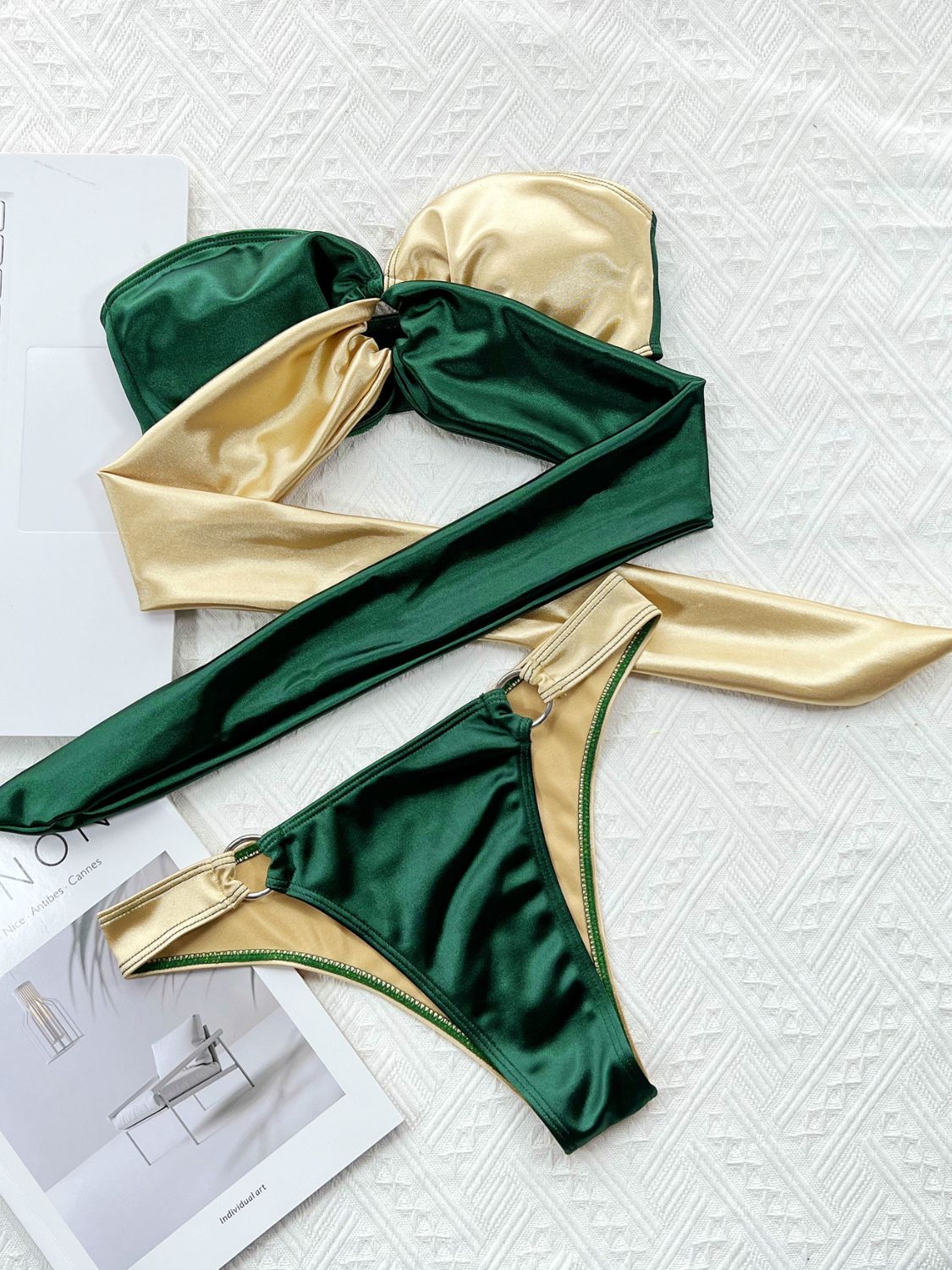 Two-Tone Ring Detail Tied Bikini Set - The Fashion Unicorn